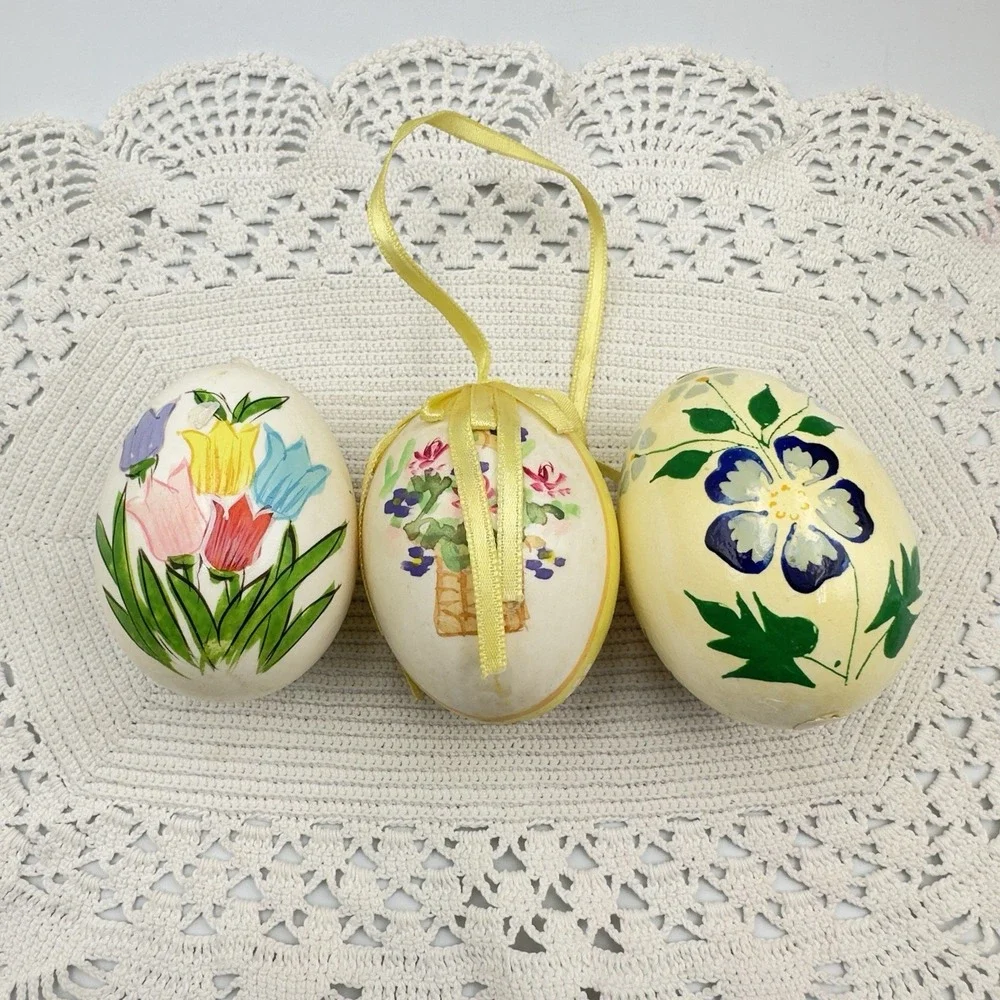 Lot of 3 Hand Painted Floral Real Egg Shell Ornate Hanging Ornament Easter Decor
